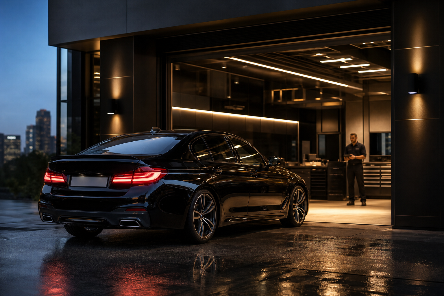黑金高級車庫中 BMW 豪華車完成專業保養的情境