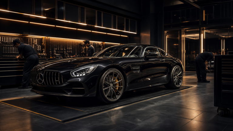黑金高級車庫中的 Mercedes-AMG 豪華跑車保養情境