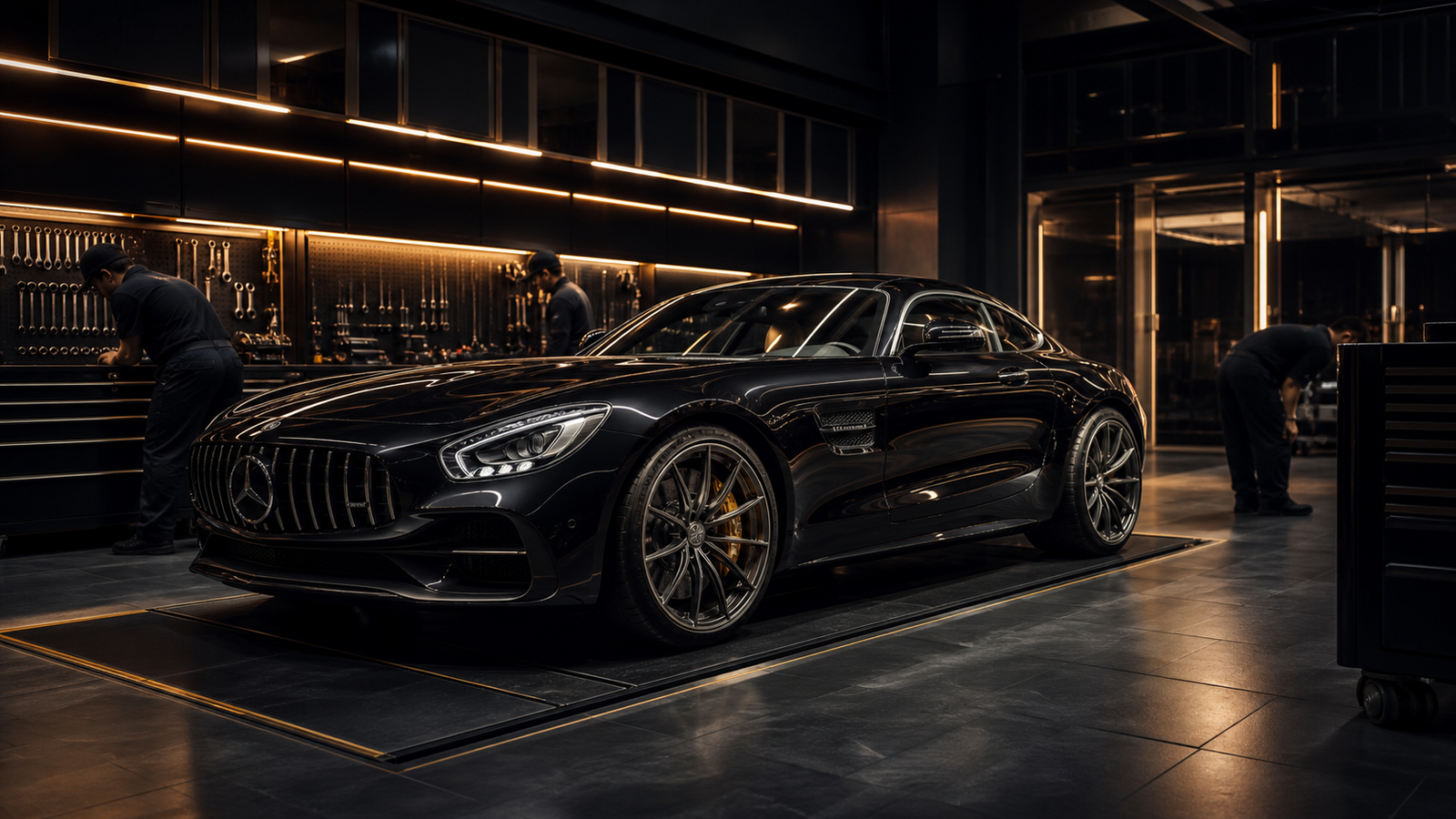 黑金高級車庫中的 Mercedes-AMG 豪華跑車保養情境